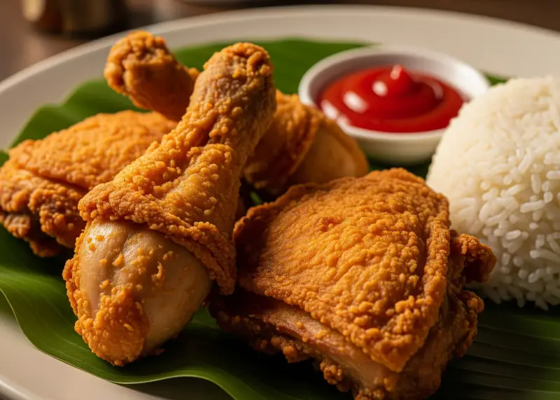 Crispy Filipino-style fried chicken served with rice and ketchup.