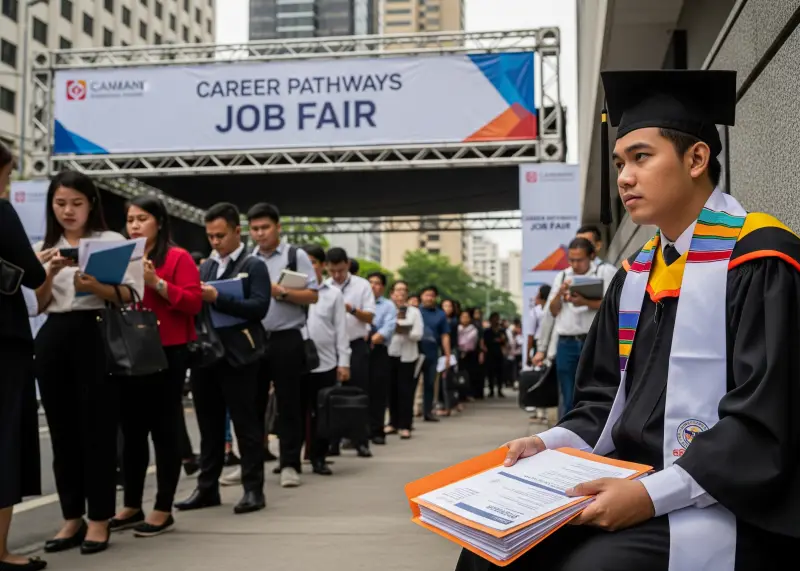 Filipino graduate in toga waiting at a crowded job fair with resumes.
