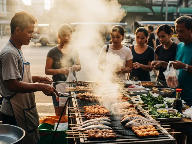 Grilled tilapia and chicken sold at a Filipino street stall.