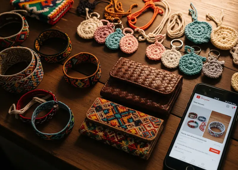 Handmade Filipino crafts with a smartphone open to an online selling app.