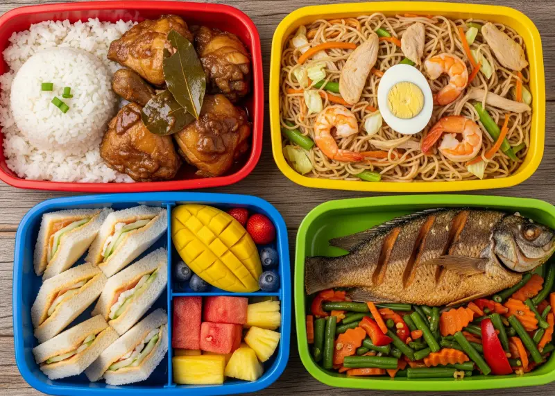 Different Filipino school lunchboxes with rice, adobo, noodles, sandwiches, and vegetables.