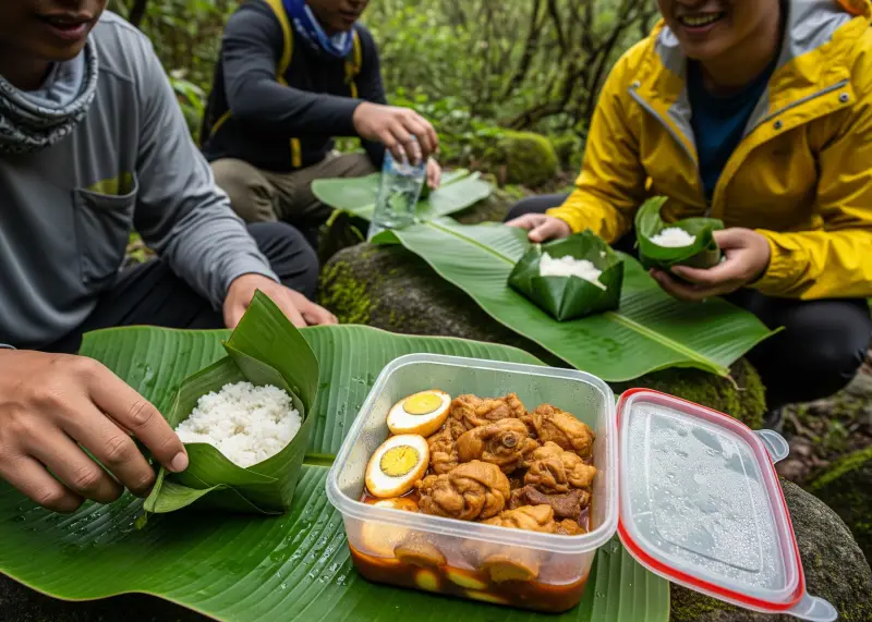 Filipino hikers sharing rice and adobo wrapped in banana leaves on the trail.