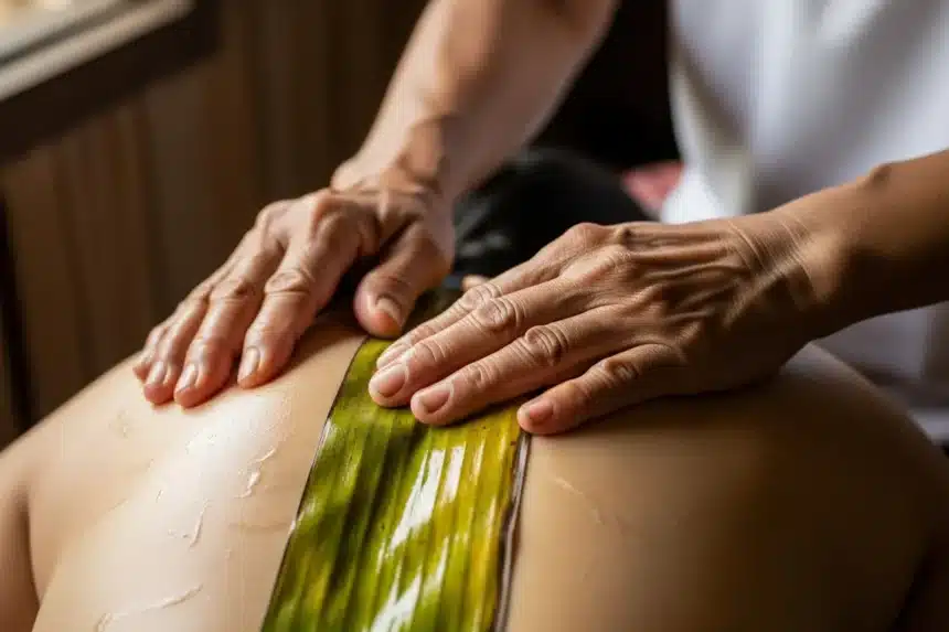 An overhead shot of a traditional Hilot session in progress, showing banana leaves, a small bowl of coconut oil, and the healer's hands on a person's back in a serene, natural setting.