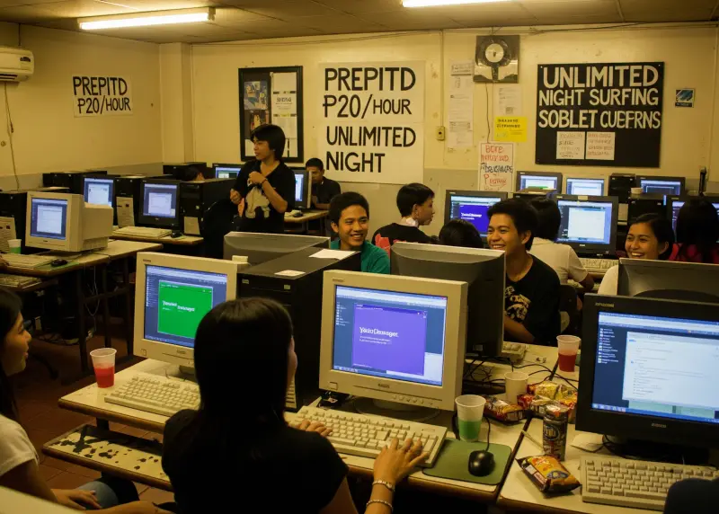 Filipino internet café in the 2000s with people chatting on computers.