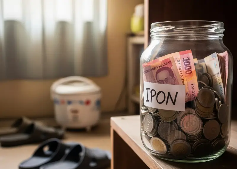 A jar labeled “Ipon” filled with peso coins and bills in a modest Filipino home.