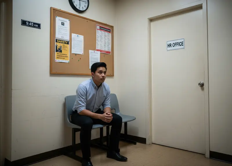 Filipino job applicant in modest office attire waiting for an interview in a company hallway.