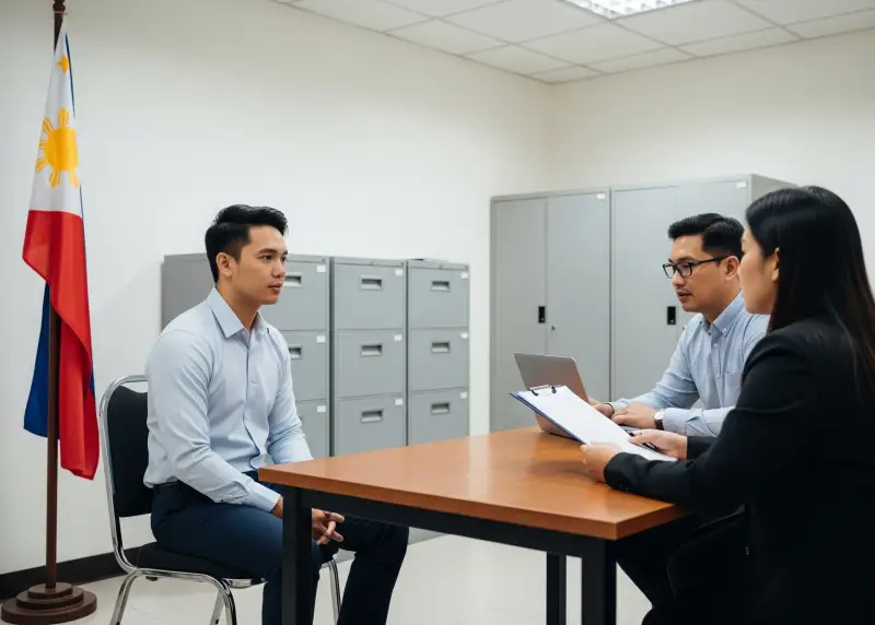 Filipino job applicant answering questions from two interviewers in a modest office.
