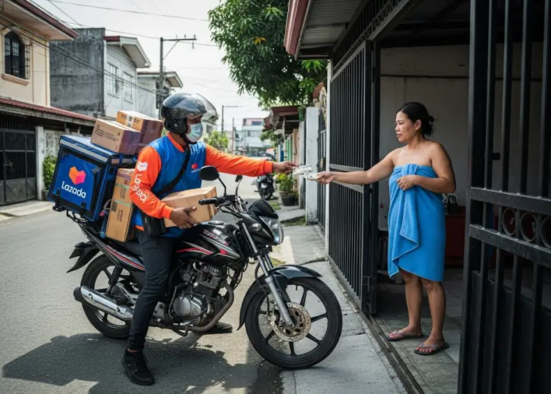 Lazada delivery driver on a motorcycle full of packages handing a parcel to a woman in a towel outside her gate.