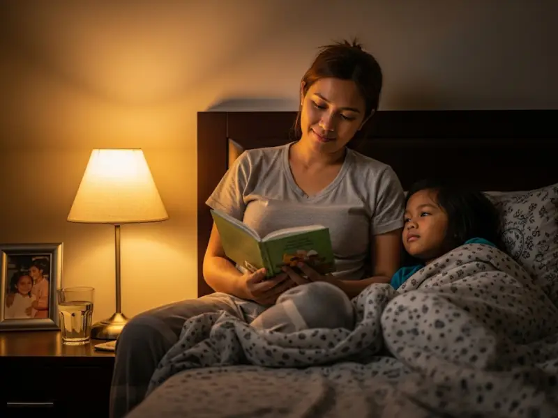 Filipina mom reading a bedtime story to her child before sleep.