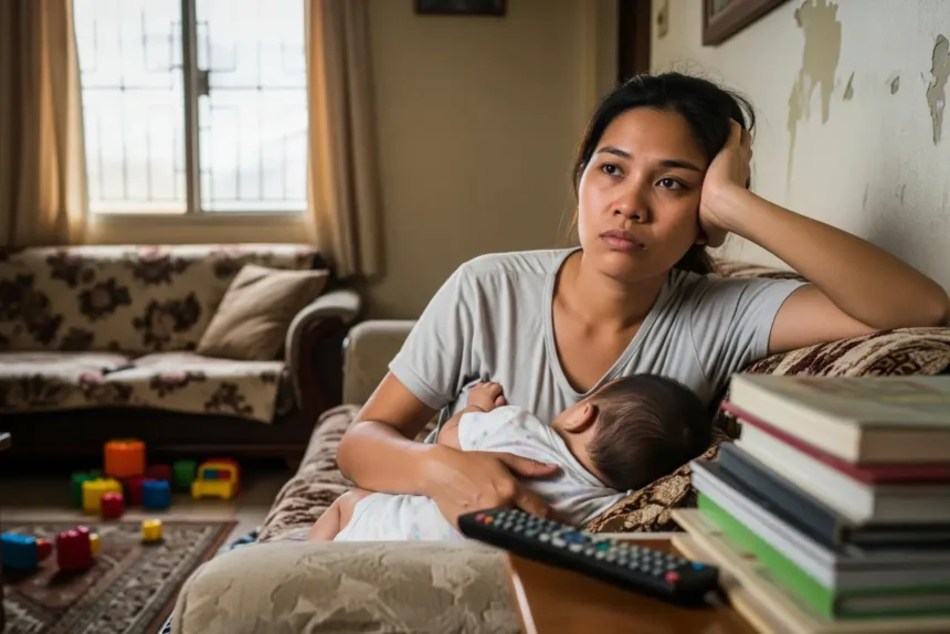 A tired Filipino mom holding her baby while resting in a modest living room, symbolizing the struggles of mom burnout.