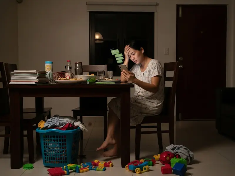 Tired Filipina mom sitting at a cluttered dining table late at night surrounded by unfinished chores.