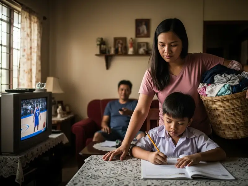 Filipino mom multitasking at home while others relax.
