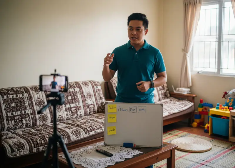 Filipino teaching an online course from home with a tripod and whiteboard.