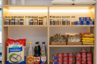 A Filipino pantry with rice sacks, canned sardines, soy sauce, vinegar, dried fish, and noodles neatly organized on shelves.