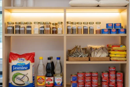 A Filipino pantry with rice sacks, canned sardines, soy sauce, vinegar, dried fish, and noodles neatly organized on shelves.