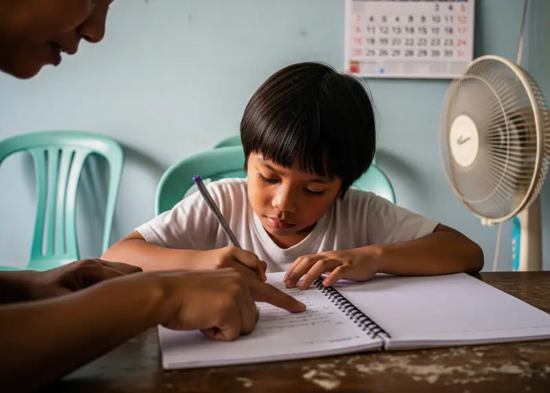 Filipino parent gently guiding a child with homework in a modest home.
