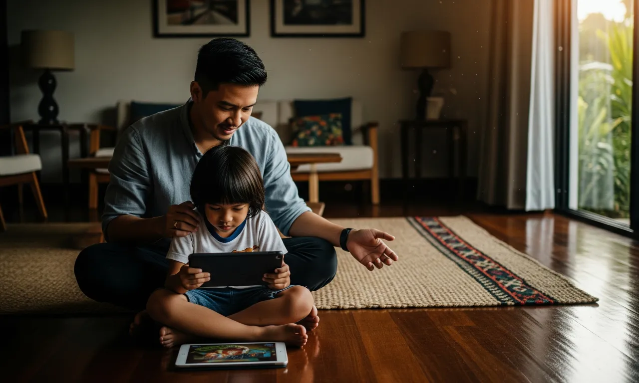 A Filipino parent looking overwhelmed while their Gen Alpha child is focused on a tablet, symbolizing the challenge of raising a digital native.