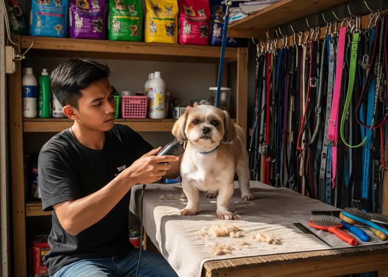 Filipino pet grooming stall offering affordable services and pet supplies.