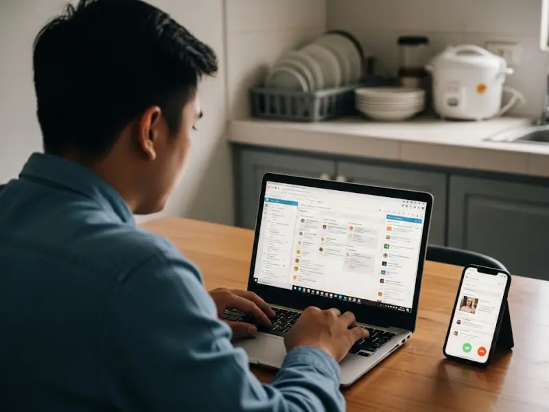 Filipino project manager using Trello at a kitchen table home setup.