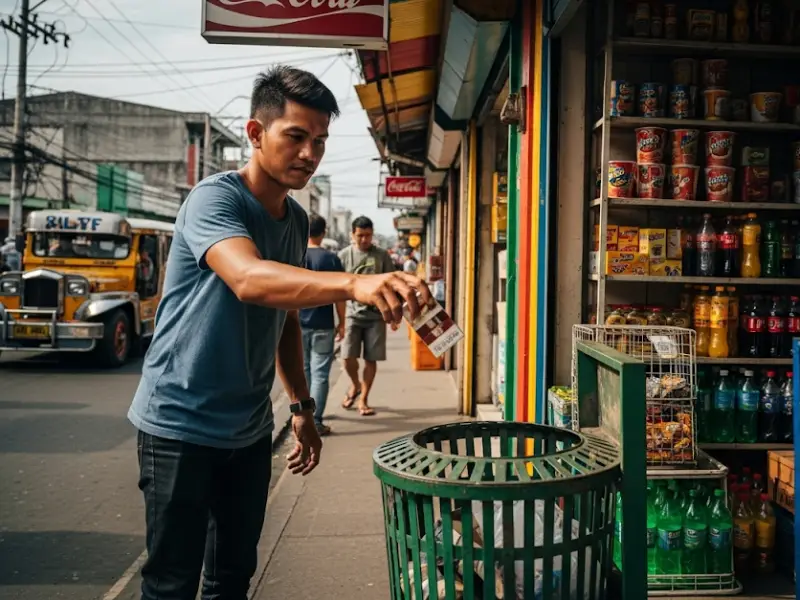 Filipino man throwing cigarette pack into a trash bin.