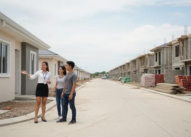 Filipino real estate agent showing a couple a modest subdivision house for sale.