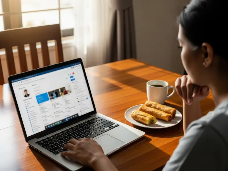 Recruiter scanning LinkedIn profiles on a laptop at a dining table.