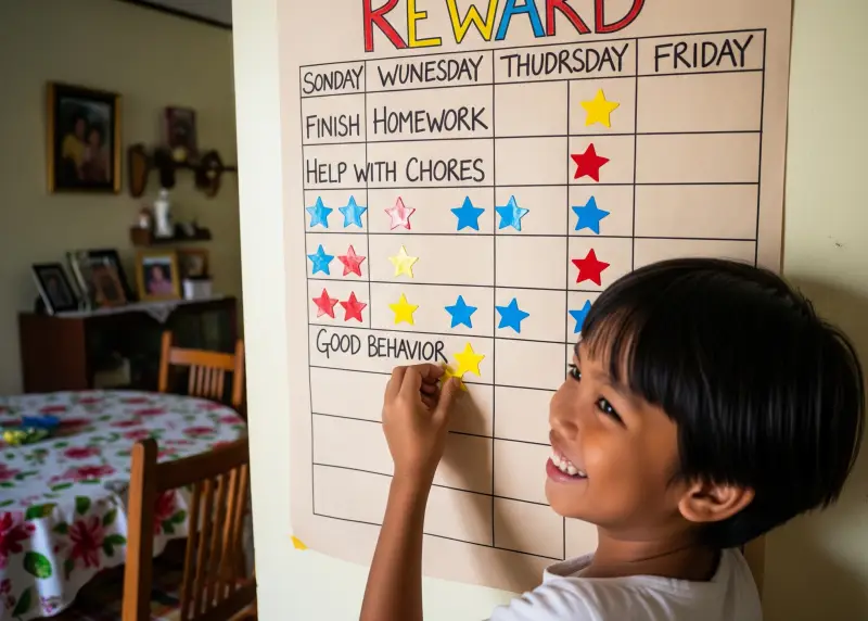 Filipino child placing a star on a reward chart for good behavior.