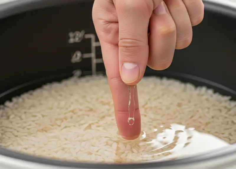 Close-up of the Pinoy finger method for measuring rice water.