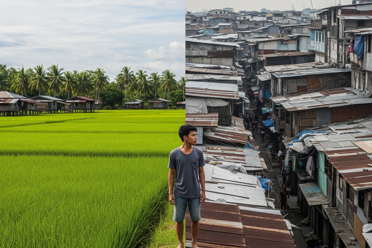 A visual contrast between a peaceful rural setting in the Philippines and a crowded Manila slum, representing the harsh realities of rural-to-urban migration for Filipinos.