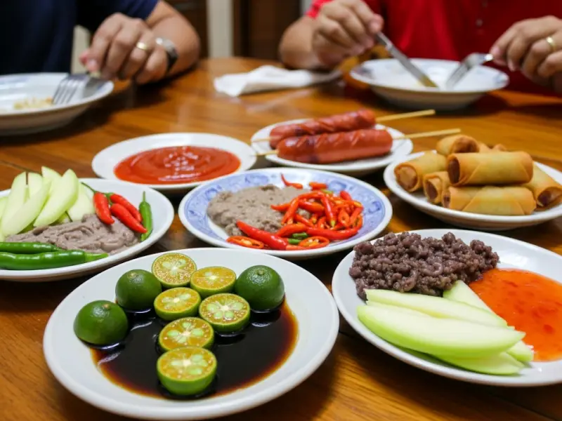 Filipino dining table with various dipping sauces like toyo with calamansi, patis with sili, ketchup, bagoong, and chili sauce.