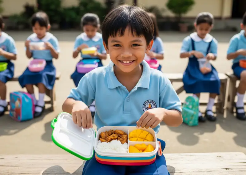 Filipino student happily opening a lunchbox at school recess.