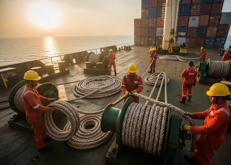 Filipino seafarers in coveralls working on the deck of a cargo ship at sunrise.