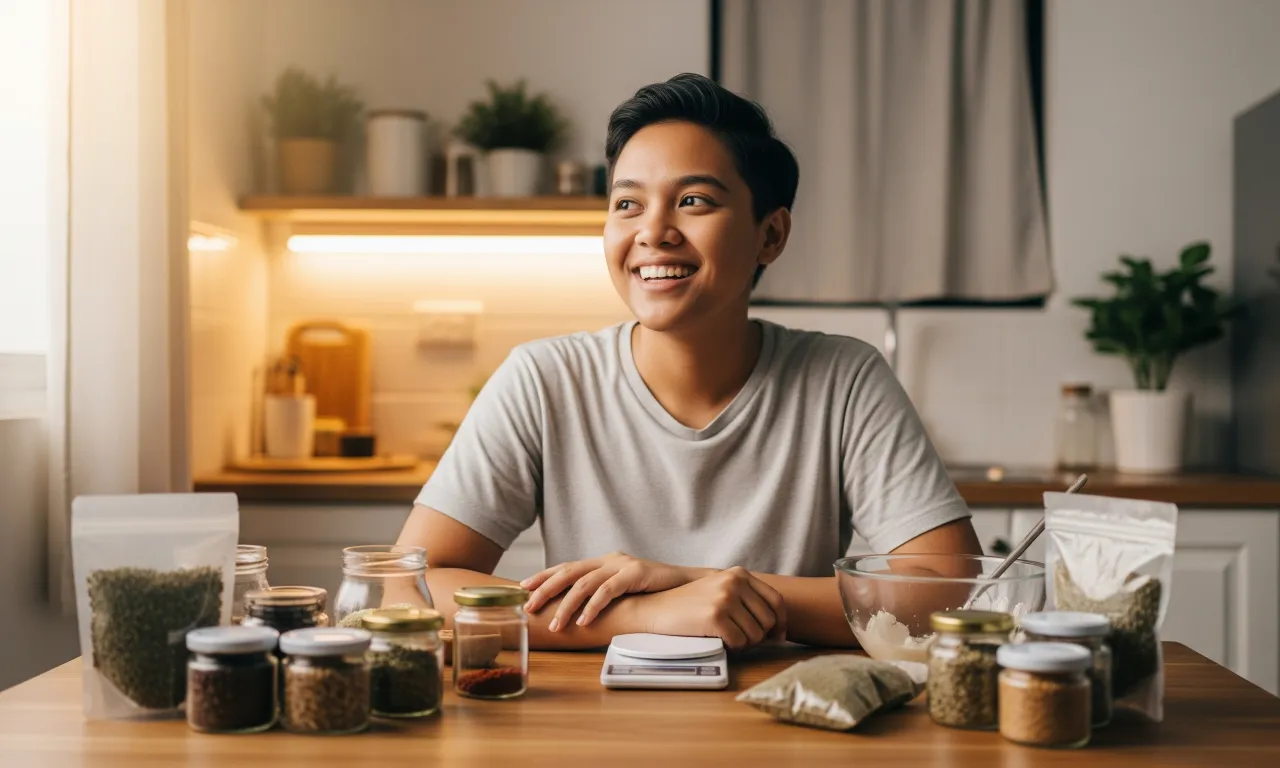 A confident young Filipino person starting a side hustle from home, symbolizing financial empowerment with a small budget.
