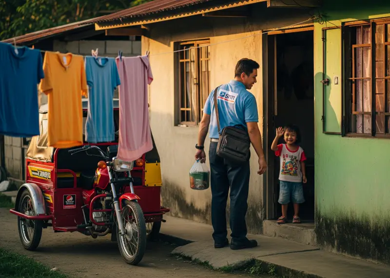 Filipino single father leaving for work while his child waves from the doorway of a modest home.