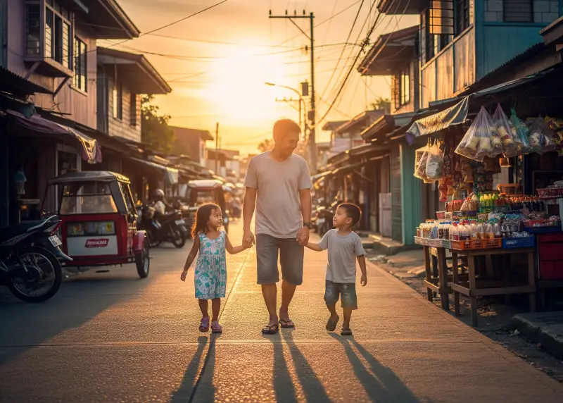 Single Filipino parent walking with two children along a neighborhood street at sunset.