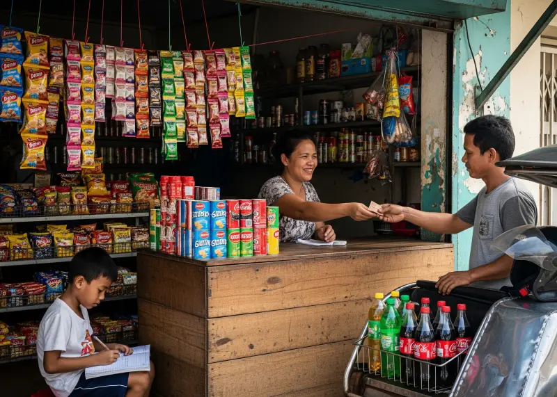 Filipino mother running a sari-sari store, serving a tricycle driver customer.