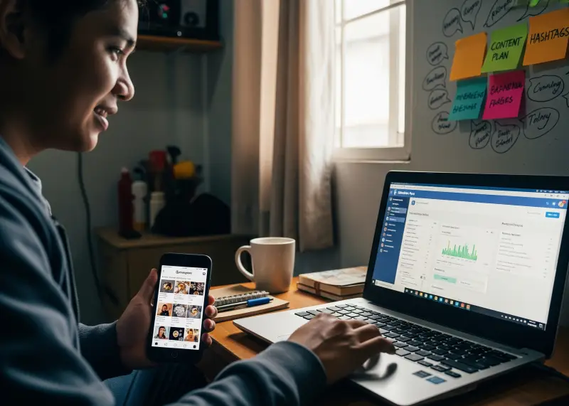 Filipino freelancer managing Facebook and Instagram pages on laptop and phone.