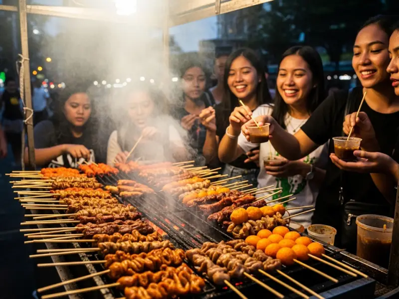 Filipinos enjoying isaw, barbecue, and kwek-kwek at a street food stall in the evening.