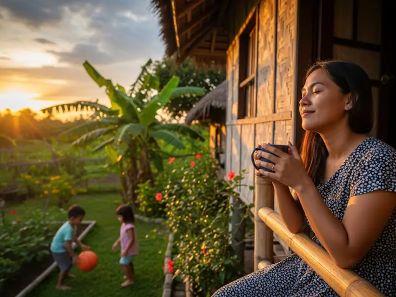 Filipina mom relaxing outdoors with coffee at sunset.