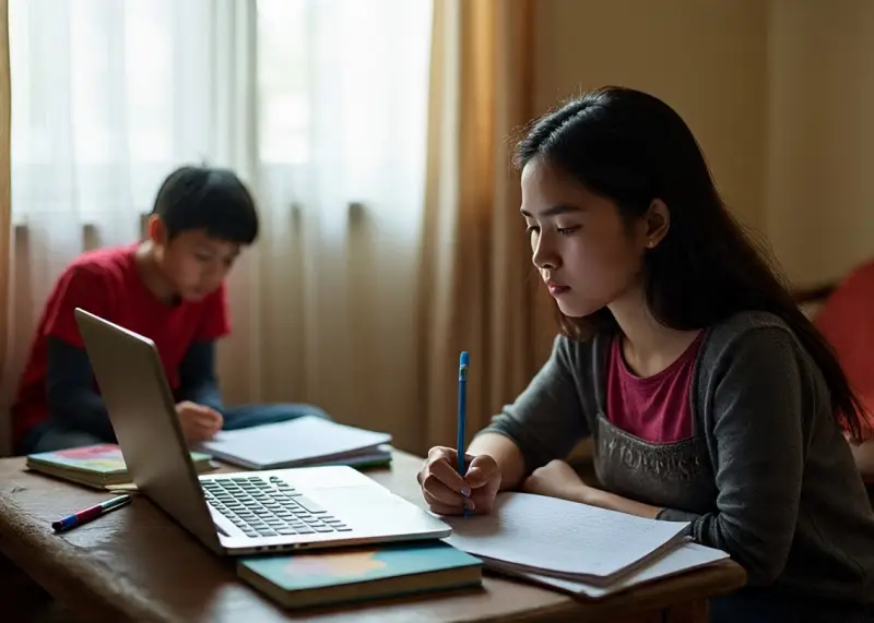 A Filipino student in a modest apartment taking an online course as an affordable alternative to graduate school.