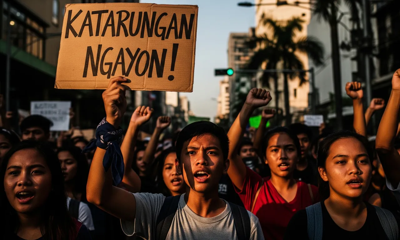 A group of young, determined Filipino students protesting in a city street, symbolizing the revival of student activism.