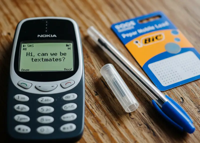Old Nokia cellphone showing a text message asking to be textmates.