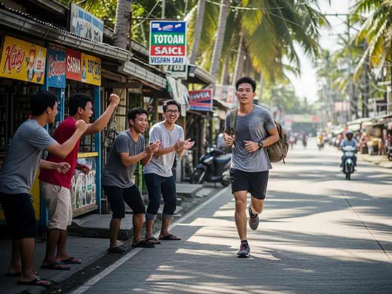 Young Filipino jogging with a backpack in a barangay to train for hiking.