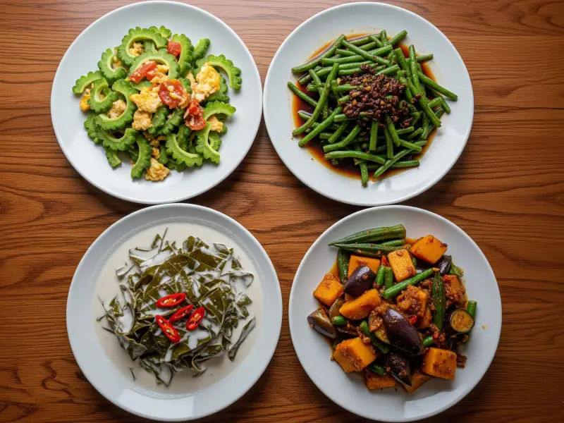 Top-down shot of Filipino vegetable dishes: Ginisang Ampalaya, Adobong Sitaw, Laing, and Pinakbet on a wooden table.