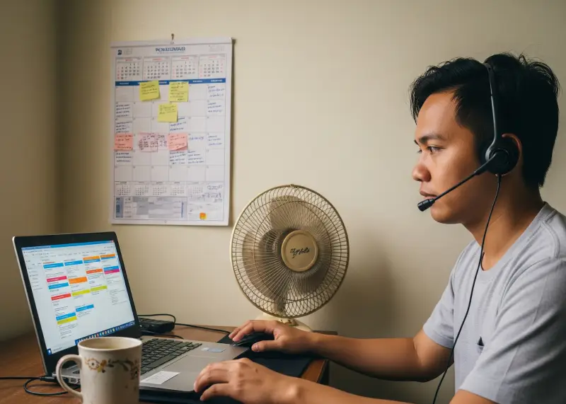 Filipino virtual assistant working from home with a laptop and headset.