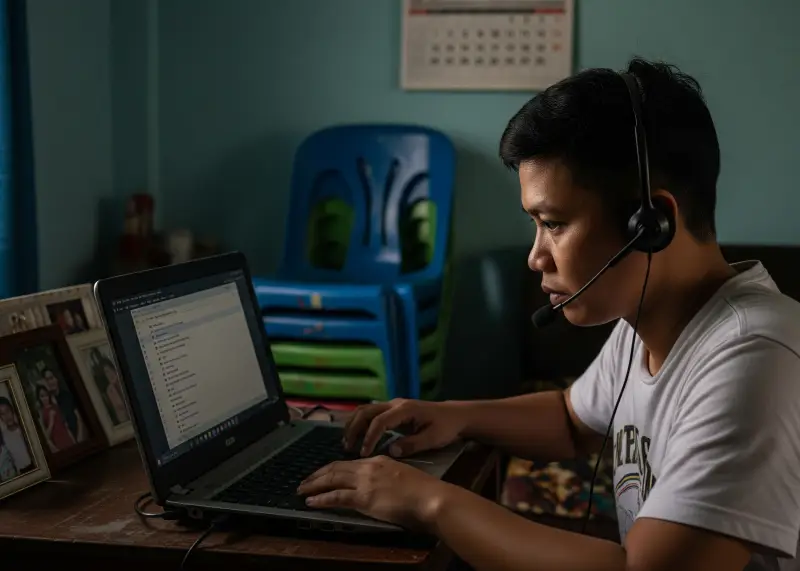 Filipino virtual assistant working from home on a laptop with headset.