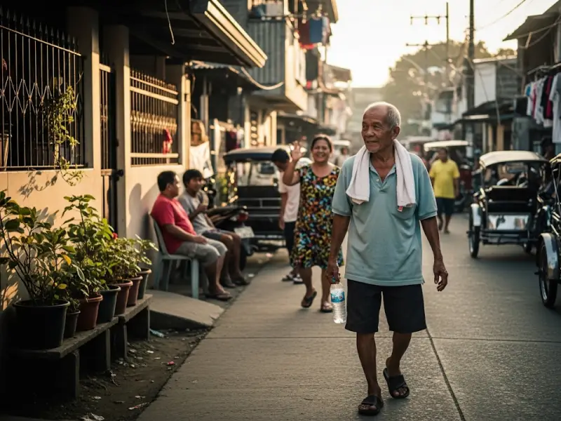Elderly Filipino man walking in barangay street for daily exercise.