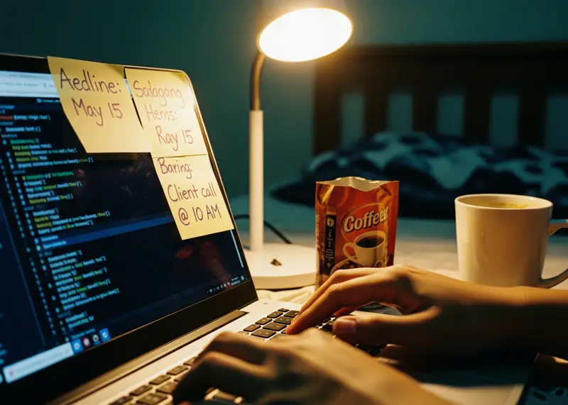 Close-up of Filipino coder typing on a laptop at home.