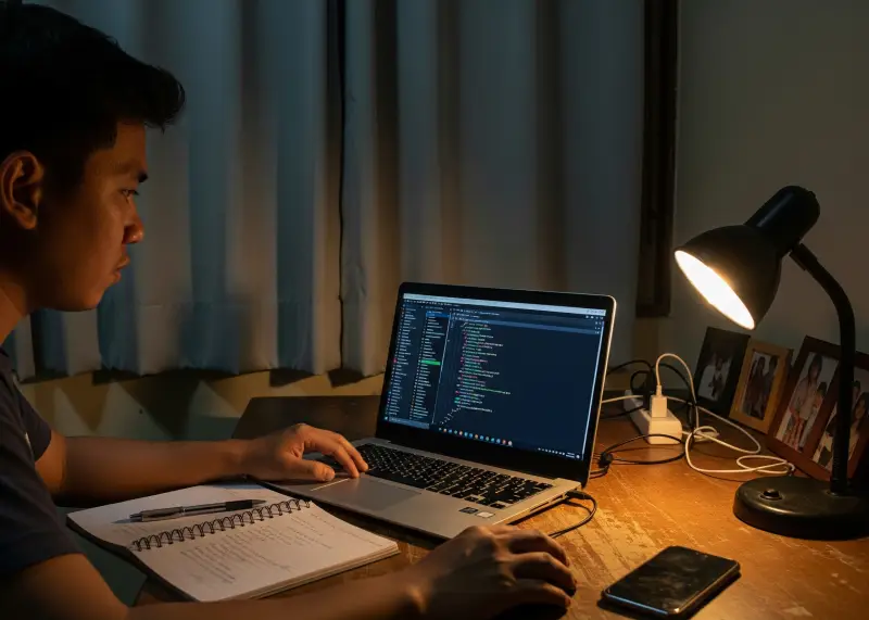 Filipino web developer coding on a laptop in a modest home office.