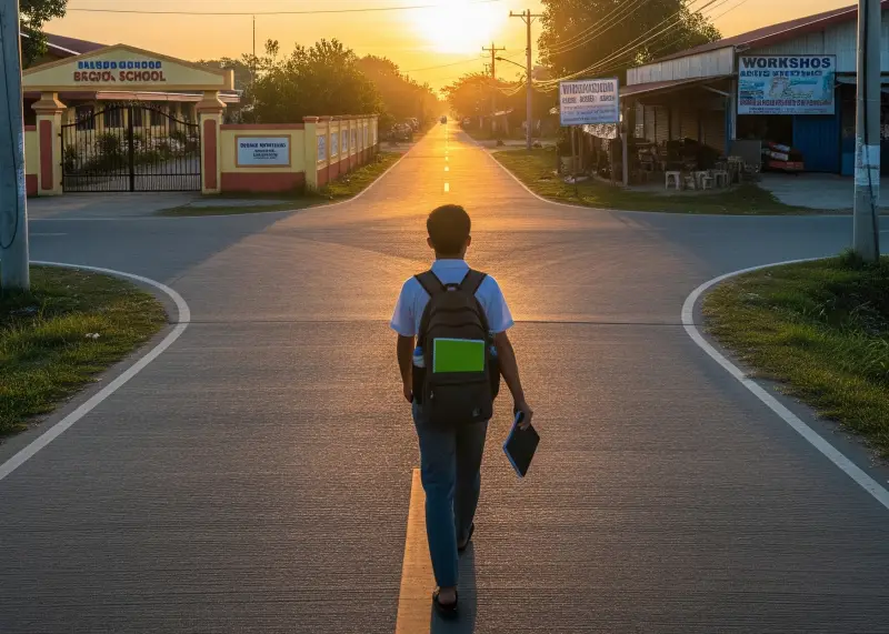 Young Filipino walking down a split road symbolizing choices for the future.